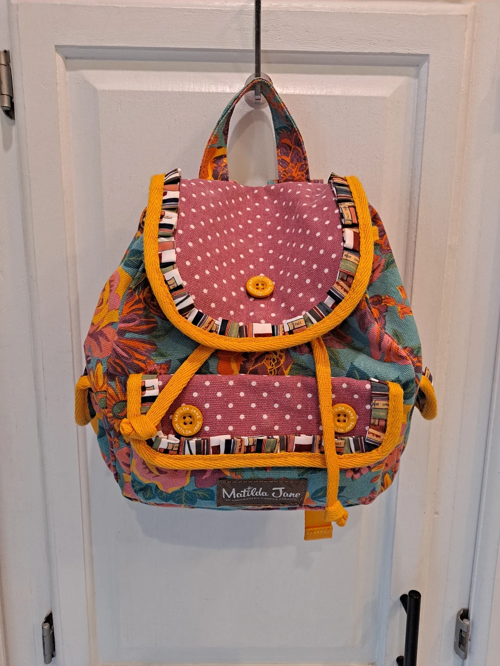 Matilda Jane Floral & Polka Dot Mini Backpack Pink Teal Yellow Book Ruffle Motif
